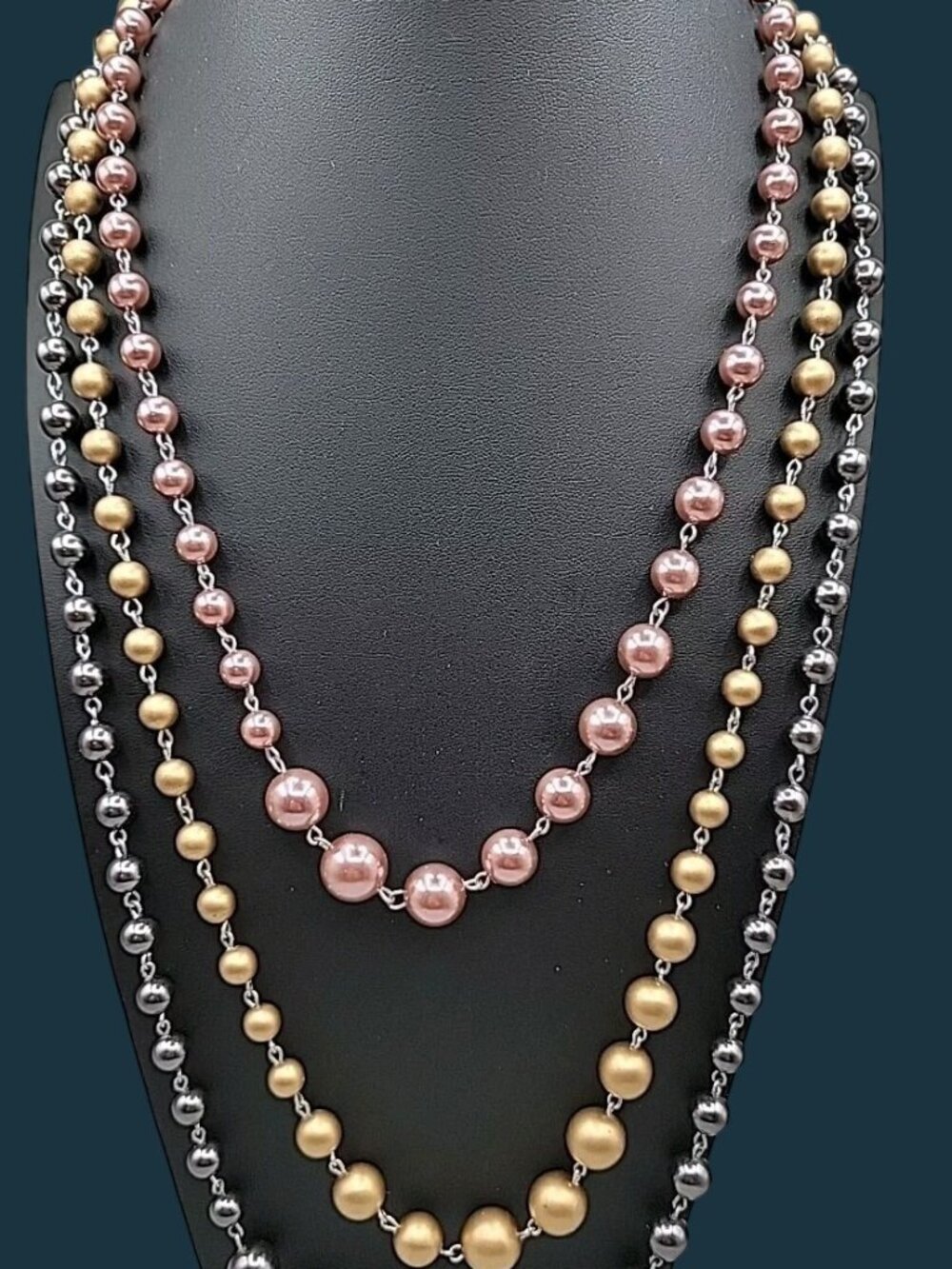 Japan Faux Pearl Triple-Layer Graduated Bead Necklace Rose Gold Tone & Gray 29"